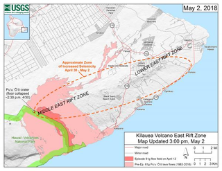 A map of the magma intrusion and earthquake activity in the East Rift Zone following the collapse of Pu‘u ‘Ō‘ō’s crater floor on April 30.